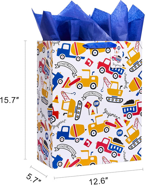 SUNCOLOR 16" Extra Large Gift Bag with Tissue Paper for Boys (Vehicle Design)