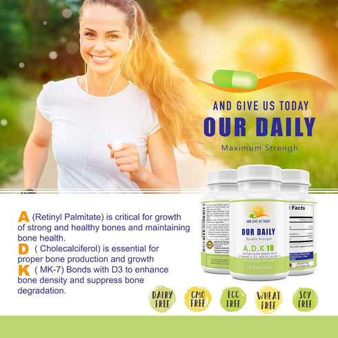 Our Daily Vites ADK 10 Double Strength Vitamins A1, D3 & K2, Gluten Free Immune Support Supplement, 90 Capsules