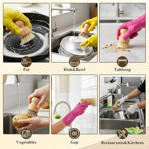 Lyksgir 7 Set, Pcs Bamboo Scrub Brushes Kitchen Dishwashing Scrubber with Natural Sisal/Palm Bristles, Round Mini Dish