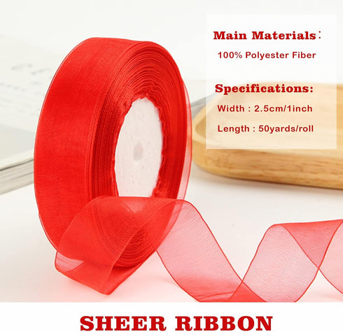 1 inch Red Organza Ribbon, 50 Yard Sheer Chiffon Ribbon for Gift Wrapping, Transparent Wired Tulle Ribbon for Holiday Presents, Birthday Cards, Wedding Party Decoration, Hair Bows Making by MUWOOB