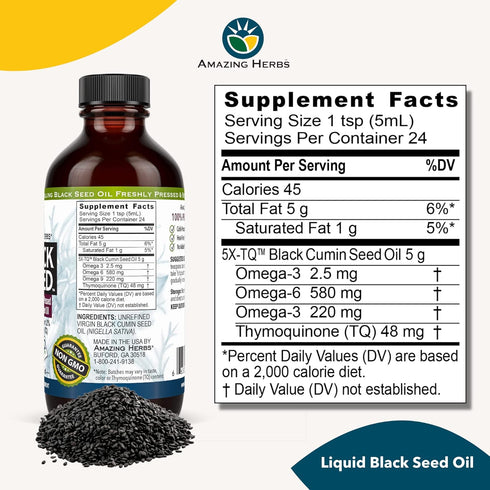Amazing Herbs Premium Black Seed Oil - 4 Fl Oz, Gluten Free, Non-GMO for Digestive Health and Immune Support