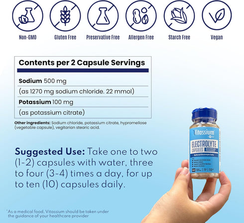 Vitassium Electrolyte Capsules, 100 Buffered Salt Pills for Dietary Management of POTS Syndrome Symptoms (500mg Sodium)