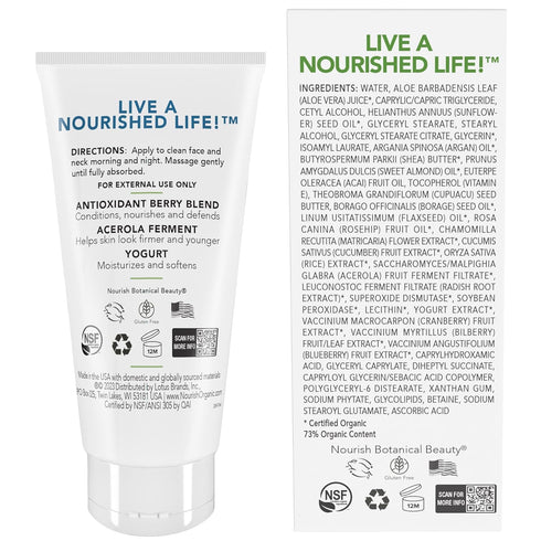 Nourish Organic Face Cream - Bilberry & Arctic Berries, Age Defense Formula with Aloe Vera, 1.7 Oz + Washable Cotton