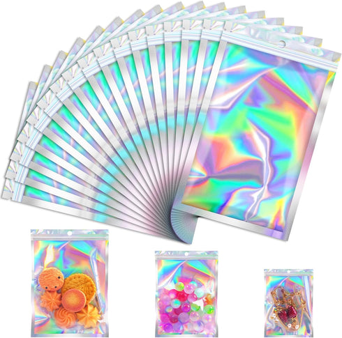100 Pcs Mylar Bags, Holographic Smell Proof Resealable Bags for Small Business, Candy, Jewelry (3x5in)