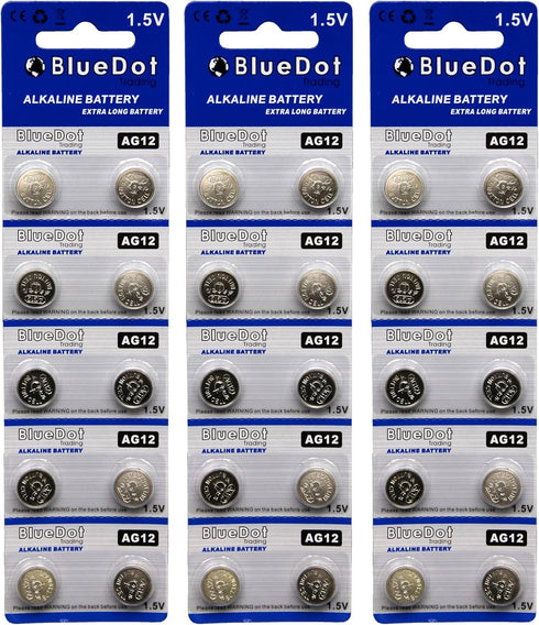 BlueDot Trading AG12 LR43 SR43 260 386 1.5V Alkaline Coin Cell Battery for Watch, Hearing Aid, Calculator, Flashlights, Keyless entry, Blister Pack - 30 Count