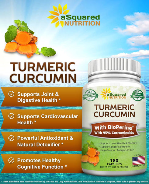 aSquared Nutrition Turmeric Curcumin 1600mg with BioPerine Black Pepper Extract - 180 Capsules with 95% Curcuminoids, 100% Natural Tumeric Root Powder Supplements, Natural Joint Stiffness Relief Pills