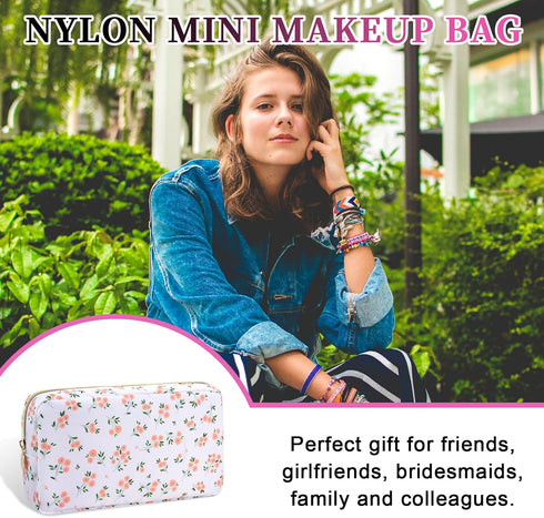 Iqimott Floral Nylon Small Makeup Bag: Cute Preppy Zipper Pouch, Waterproof Travel Toiletry Bag for Women (Pink Flower)