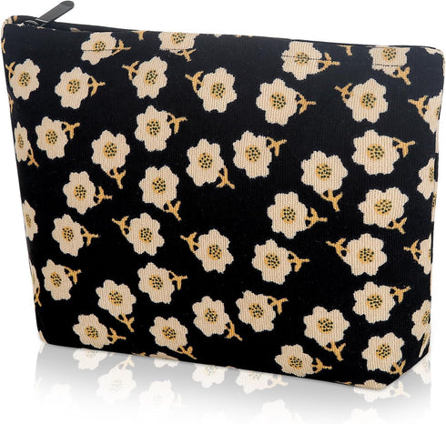 Preppy Cute Corduroy Makeup Bag, Cosmetic Bag for Women Travel Essentials (Flower Black)