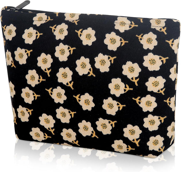 Preppy Cute Corduroy Makeup Bag, Cosmetic Bag for Women Travel Essentials (Flower Black)