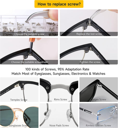 Upgraded All-in-One Magnetic Eyeglass Repair Kit, 12 Screwdriver Bits, Nose Pads, Screws, and Tweezer