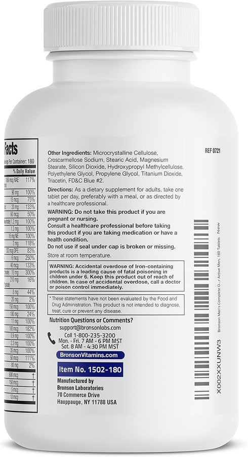 Bronson ONE Daily Men’s Complete Multivitamin, 180 Tablets, Multimineral Once-Daily Multi for Active Men
