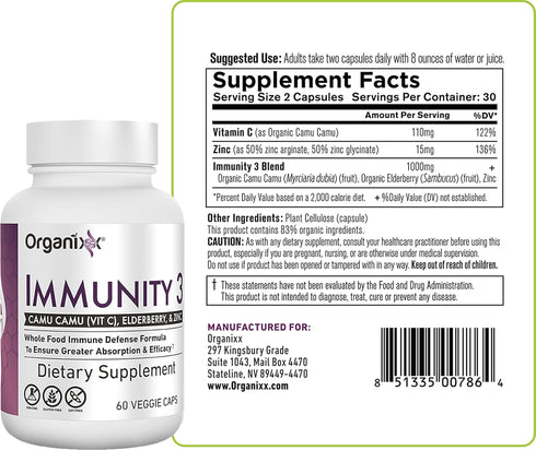 Organixx Immunity 3 Immune Support Supplement with Elderberry, Zinc, Vitamin C, 60 Capsules, Organic, Non-GMO