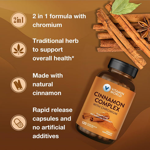 Vitamin World Cinnamon Complex 1000 mg with Chromium, 120 Capsules, Gluten Free for Healthy Metabolism & Antioxidant