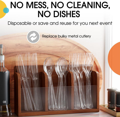 150 Pack Heavy Duty Clear Plastic Cutlery Set, 50 Forks, 50 Spoons, 50 Knives for Party Supplies