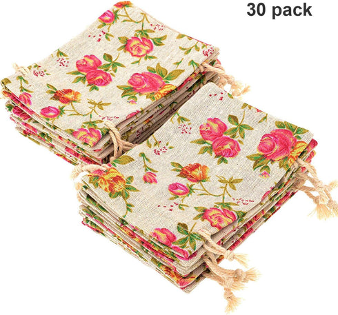 Pangda 30 Pieces Small Size Rose Drawstring Bags, Burlap Flower Pouch Bag, Linen Gift Pocket Jewelry Pouch for Wedding