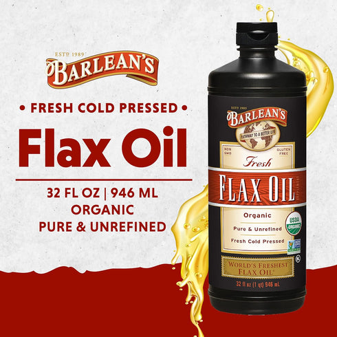Barlean's Organic Flaxseed Oil Liquid, Cold Press, 32 oz, 7,640mg ALA Omega 3 Supplement