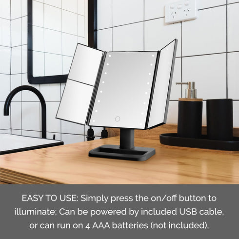 MELANNCO Black Tri Fold LED Vanity Mirror, 3 Magnifications, Dimmable LED Lights, Touch Control Makeup Mirror