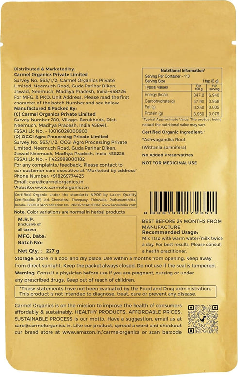 CARMEL ORGANICS Organic Ashwagandha Root Powder (8 Oz/227g), USDA Certified, Non-GMO & Gluten Free from India