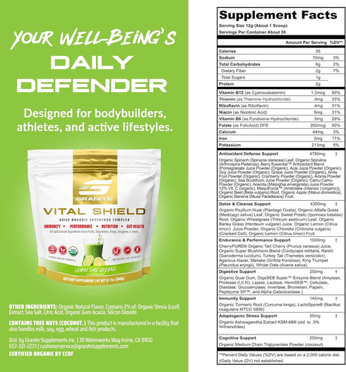 Granite Supplements Vital Shield - 30 Servings Greens Superfood Powder for Gut Health, Lemon Lime