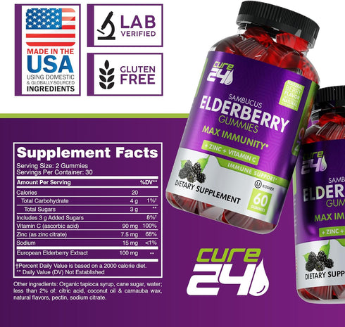 Sambucus Elderberry Gummies for Adults & Kids, Black Elderberry Vitamin C and Zinc, 60 Chews