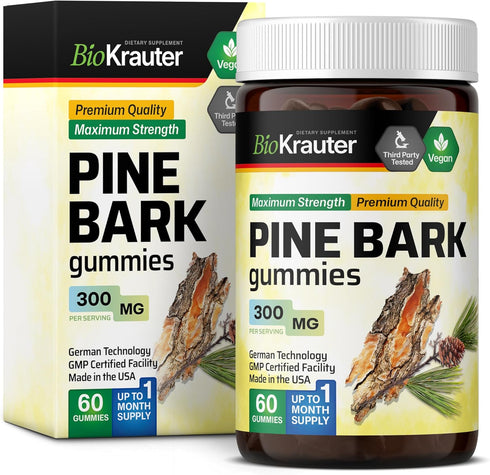 Pine Bark Extract Gummies - 300 mg French Maritime Pine Bark Extract, 60 Vegan Pectin-Based Chews, Antioxidant