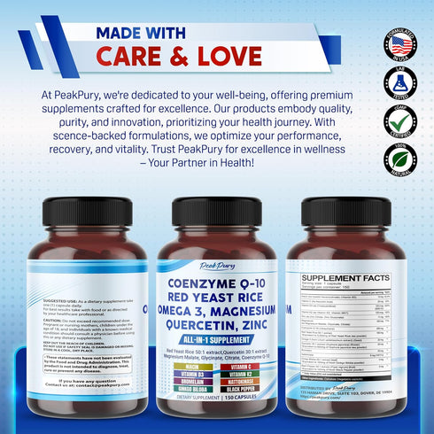 Coenzyme Q-10 200mg, Red Yeast Rice 5000mg, Quercetin 600mg, Magnesium Malate, Glycinate, Citrate - Made in USA