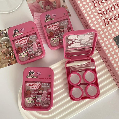 2 Pack 2 in 1 Contact Lens Cases, Travel Eye Contacts Case Box Holder with Tweezers and Solution Bottle Kit (Fuchsia)
