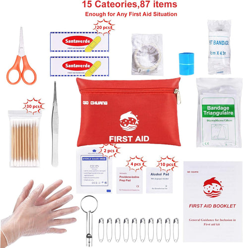 Small Travel First Aid Kit - 87 Piece for Clean, Treat and Protect Most Injuries, Ready for Home, Outdoors, Car