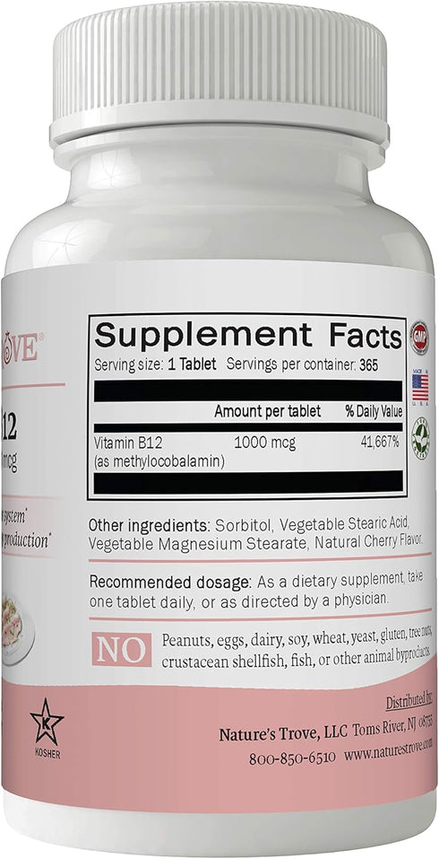 Nature's Trove Vitamin B12 Methylcobalamin 1000 mcg, 365 Count, B12 Chewable Vitamins, Cherry Flavor