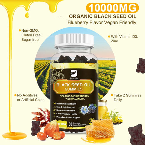 Black Seed Oil & Sea Moss Gummies, Organic Irish Sea Moss Gummies with Black Seed Oil, Ashwagandha Extract, Elderberry, Turmeric, Vitamin C Vitamin D3 - Immune Support, Joints, Digestion, Hair & Skin