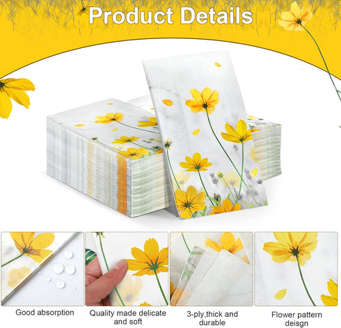 100 Pcs Floral Guest Napkins - 3 Ply Yellow Flower Paper Napkins, Decorative Disposable Hand Towels for Parties