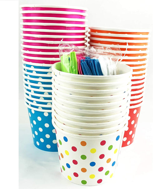 Worlds 12OZ 50 Set Paper Ice Cream Cups With Plastic Spoons Polka Dot Paper Yogurt Cups Mix
