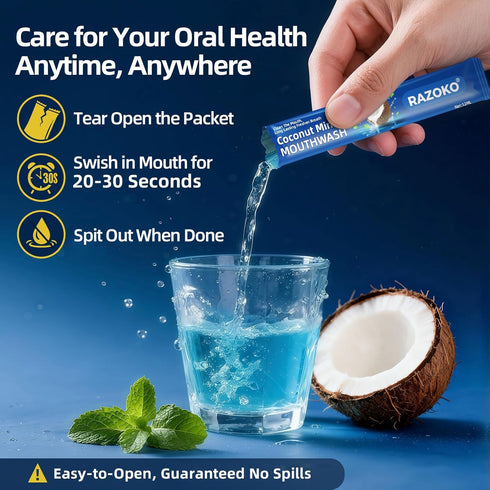 Packets,Alcohol (0.41 Oz (Pack 30) RAZOKO Disposable Mouthwash Travel Size-Fresh & Non-Greasy/Fresh Mint +Coconut