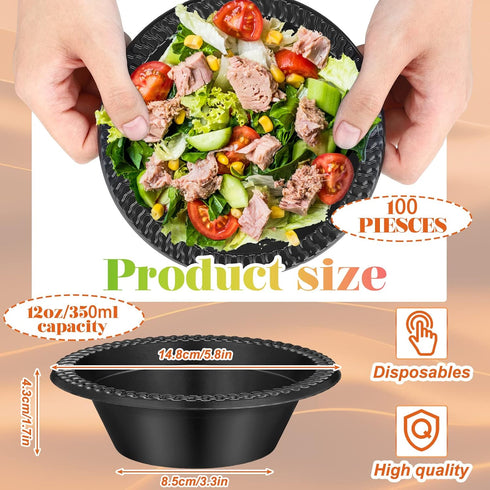 100 Pcs 12oz Black disposable Plastic bowls Dessert Cups Ice Cream Bowls Snack Bowls Salad Bowls Soup Bowls Food Serving Bowls for Party Favor Picnic by Lallisa