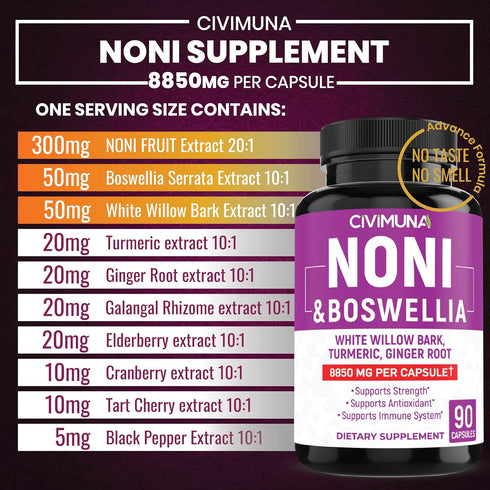 Noni Capsules 8850mg - Noni, Boswellia, White Willow Bark - 3 Months Supply
