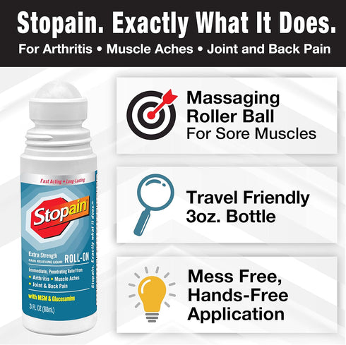 Stopain Pain Relief Roll On Gel, 3oz (3 Pack), Max Strength with MSM, Glucosamine, Menthol