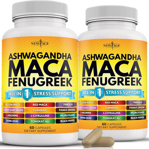NEW AGE 5000mg Ashwagandha, 5000mg Maca Root, 3000mg Fenugreek Supplement with Ginseng & Tongkat Ali - 120 Count