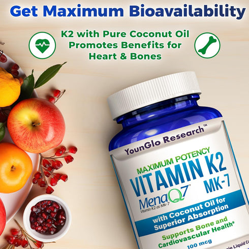 Vitamin K2 MK7 (MenaQ7) 100 mcg with Coconut Oil - Dietary Health Supplement, 120 Vegan Liquid Capsules
