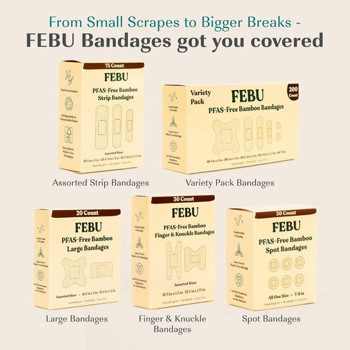 FEBU Eco-Friendly Bamboo Fabric Bandages, PFAS Free, Natural Hypoallergenic Bandages, 75 Count