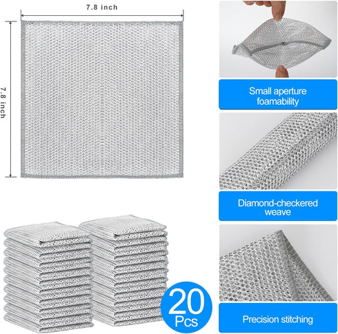 20 Pcs Non-Scratch Wire Dishwashing Rags, Multipurpose Cleaning Cloths for Kitchen, Tableware, and Metal