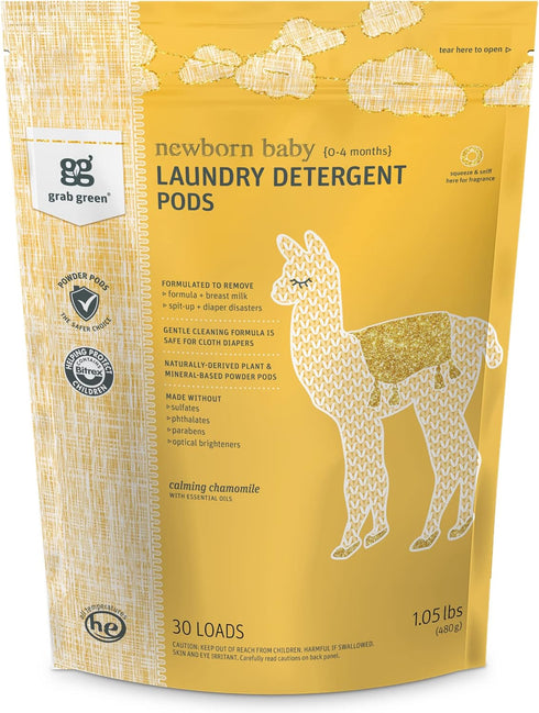 Grab Green Newborn Baby Laundry Detergent Pods, 30 Count, Calming Chamomile Scent