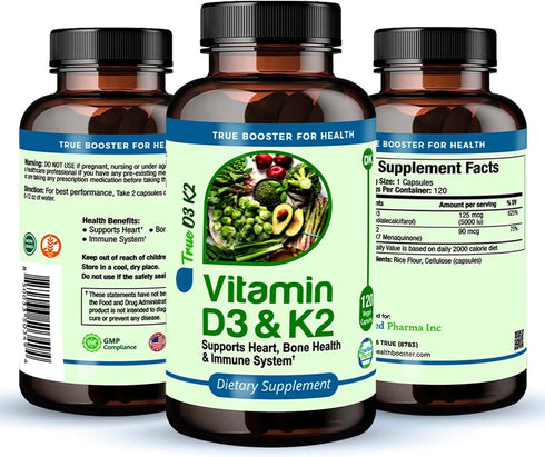 True Booster Vitamin D3 & K2 Capsules, 125mcg D3 & 90mcg K2, Heart, Bone, Immune Support