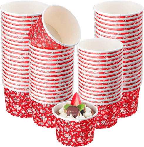 Nuanchu 100 Pack 9 oz Red Bandana Paper Ice Cream Cups, Disposable Dessert Bowls for Cowboy Birthday Party
