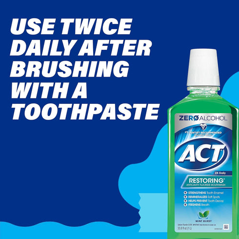 ACT Restoring Zero Alcohol Fluoride Mouthwash, 33.8 fl. oz. Mint Burst, Strengthens Tooth Enamel