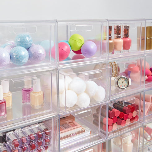 STORi Audrey Stackable Clear Bin Plastic Organizer Drawers | 2 Piece Set | Organize Cosmetics and Beauty Supplies on