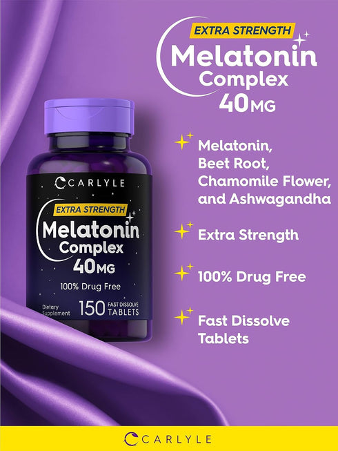 Carlyle Melatonin 40mg Complex, 150 Fast Dissolve Tablets, Extra Strength Support with Ashwagandha and Chamomile