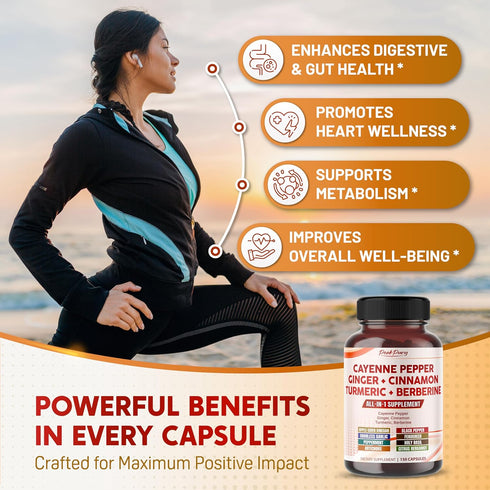 Cayenne Pepper 8000mg, Ginger 3000mg, Turmeric 2500mg, Berberine 2500mg - Digestion & Gut Health Support - Made in USA