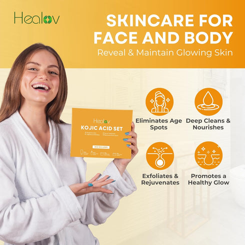 Kojic Acid Skincare Set – Kojic Soap Cleanser, Exfoliating Body Scrub, Face Cream & Brightening Serum for Dark Spots