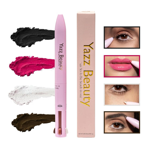 YAZZ BEAUTY 4-in-1 Touch Up Makeup Pen - Eyeliner in black, Eyebrow Pencil in Dark Brown, Highlighter in Shimer White, Lip Liner in Hot Pink - Travel Make Up Pen - The Ultimate 4-in-1 Make Up Pen