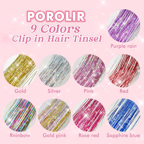 POROLIR Clip in Hair Tinsel Kit, 6Pcs 20 Inch Glitter Fairy Hair Extensions, Heat Resistant Sparkly Strands (Gold Pink)